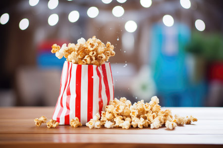 fresh made caramel popcorn in a red and white striped bagの素材