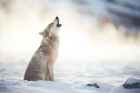 wolf howling from snowdrift, breath visible in cold airの素材