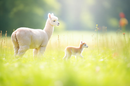 baby alpaca following mother in sunny meadowの素材