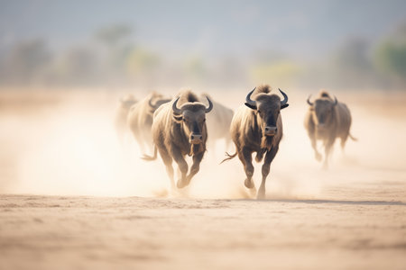 buffaloes creating dust clouds while runningの素材