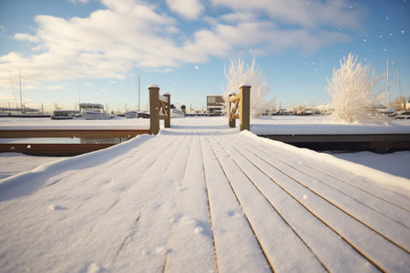snow footprints leading to a boat dockの素材