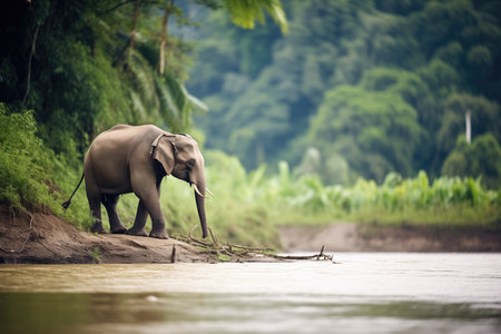 elephant walking along a jungle riverbankの素材