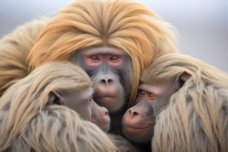 baboon group huddled for warmthの素材