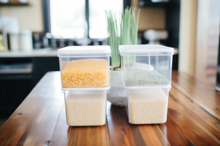 stackable clear bins of rice, quinoa, and barleyの素材