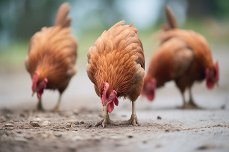 brown chickens scratching in dirtの素材