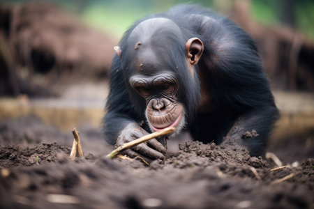 chimp using flattened bark to dig soilの素材