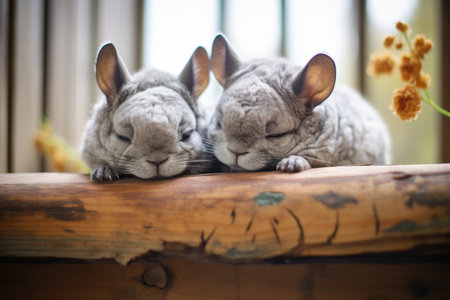 chinchillas close together on a wooden ledgeの素材