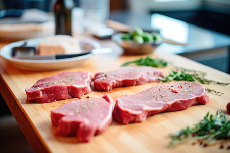 raw steaks lined up on board, ready to cookの素材