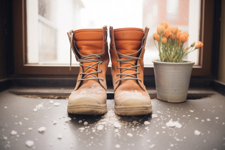pair of weathered boots, overflowing with salt, at a thresholdの素材