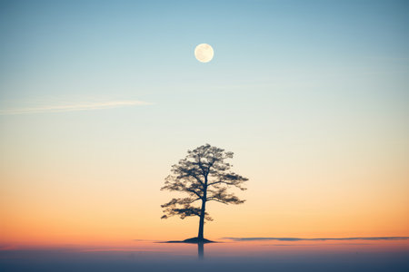 silhouette of a lone tree against a full moonの素材