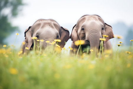elephants standing over calf lying in wildflower meadowの素材