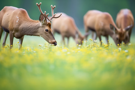 group of elk feeding on meadow flowersの素材