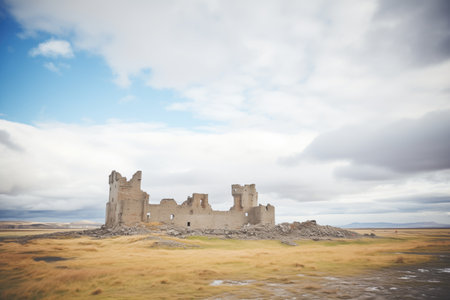 deserted castle remains under a cloudy skyの素材