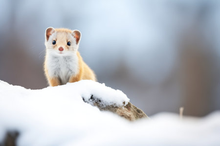 ermine perched atop a snow-covered rockの素材