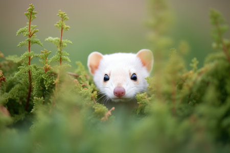 ermine peeking out from under a bushの素材