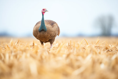 turkey strutting near rows of harvested wheatの素材