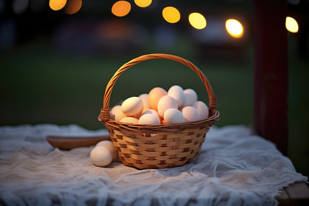 basket of farm eggs lit by the remaining daylightの素材