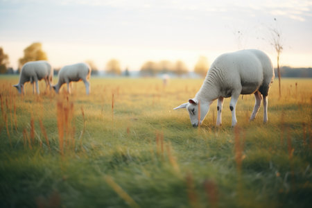 sheep grazing calmly in a fieldの素材