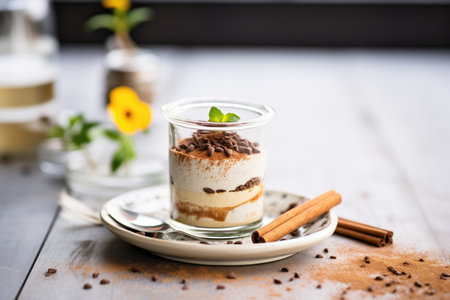 tiramisu dessert in a clear glass with cocoa powder toppingの素材