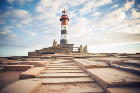 weathered stairs leading up to lighthouse entranceの素材