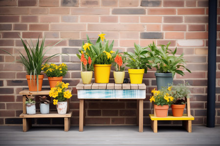 plant pots arranged on a wooden palletの素材