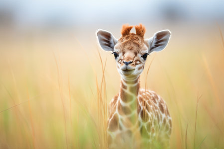giraffe calf exploring savanna on its ownの素材
