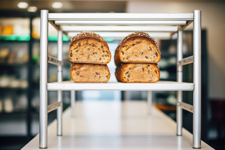 freshly baked whole grain bread loaves on a bakery rackの素材