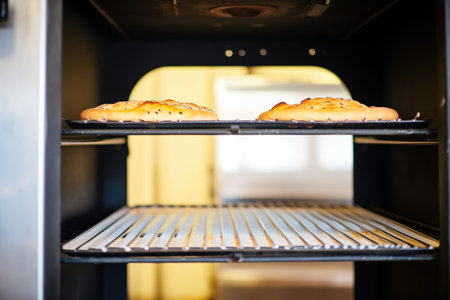 piping hot loaves bread directly from the industrial ovenの素材