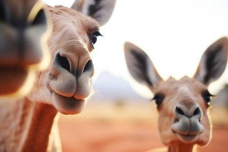 close-up of kangaroos face with outback backdropの素材