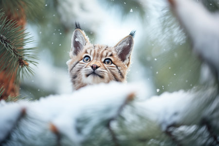 snow-covered pine trees framing lynxの素材