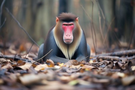 lone mandrill sitting on a forest floor covered with fallen leavesの素材