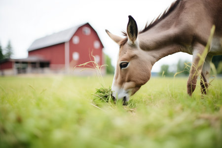 mule grazing on grass with barn behindの素材