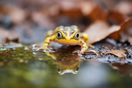 juvenile newt beside water puddleの素材