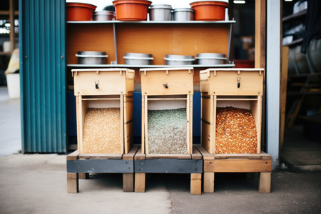 wooden bins filled with various types of grainsの素材