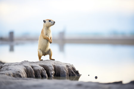 prairie dog standing on stones near waterの素材