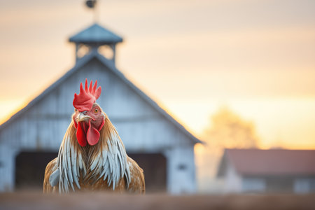 rooster crowing at sunrise behind a barnの素材