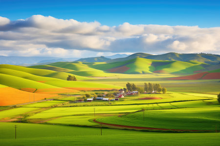 rolling hills with a patchwork of farm cropsの素材