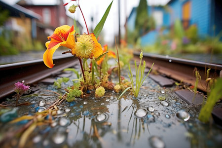 wet rail tracks after rain, encased by vibrant plantsの素材