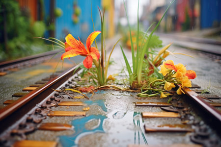 wet rail tracks after rain, encased by vibrant plantsの素材