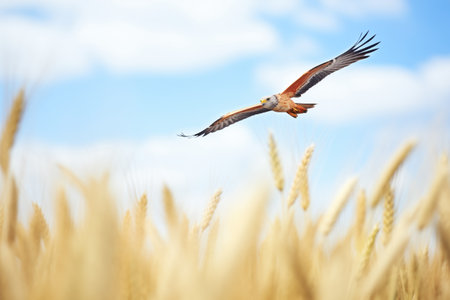 red kite soaring over a golden wheat fieldの素材