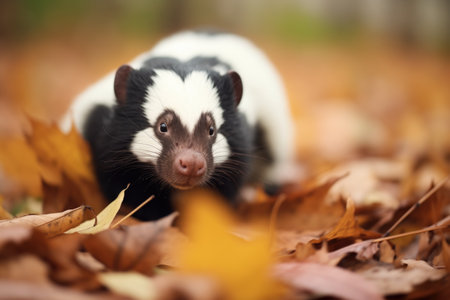 close-up of skunk snuffling in autumn leavesの素材