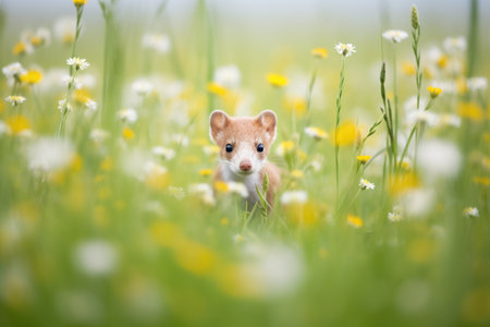 stoat hiding behind wildflowers in a meadowの素材