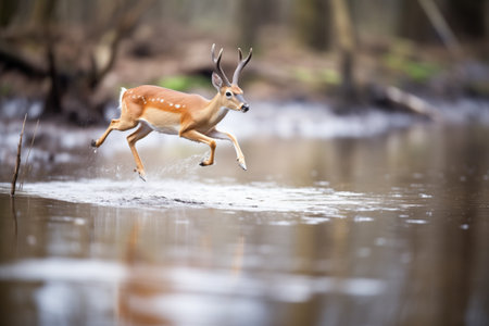 gazelle leaping over a small streamの素材