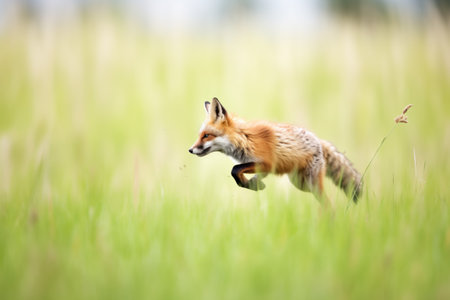 red fox pouncing in a fieldの素材