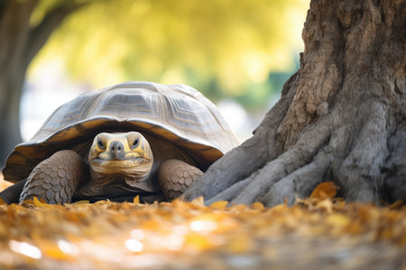 tortoise resting in the shade of an oak treeの素材