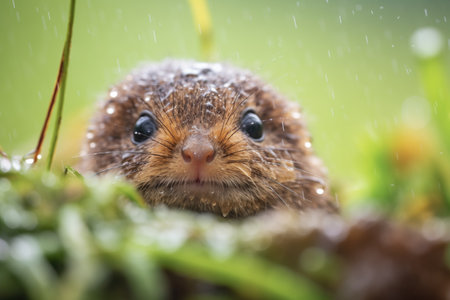 vole foraging under morning dew dropsの素材
