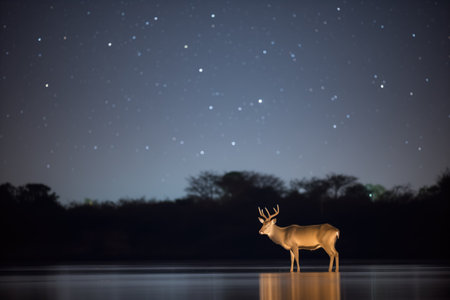 lone waterbuck silhouette against a starry night sky by riverの素材