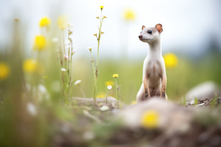 weasel standing alert among wildflowersの素材