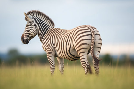 side view of a zebra with full mane standing in grassの素材