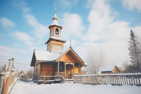 snow-covered bell tower of a wooden countryside churchの素材